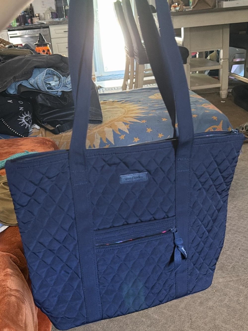 Vera Bradley Quilted Navy Tote with Front Zip Pocket